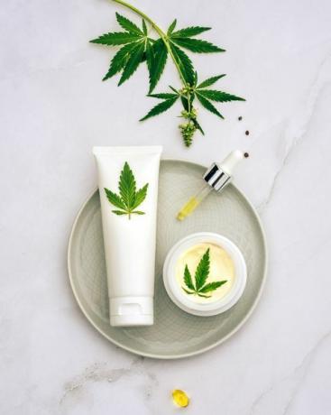 kosmetika cbd oil kosmetikos gaminiai su kanapių aliejaus tinktūra flat lay